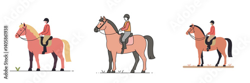 Horse and rider on a white background. Set of three vector images