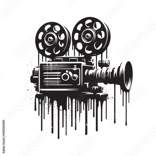 Vintage film projector illustration with dripping paint effect isolated on white