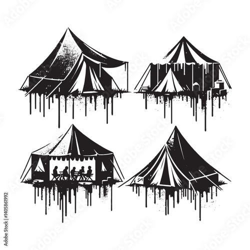 Vintage camping tents collection in grunge stencil style, dripping spray effect