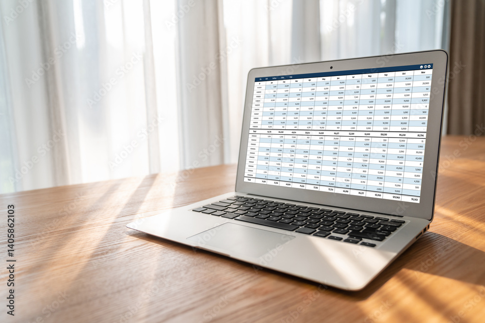 Accounting software on computer screen showing financial statement spreadsheets and account balance of corporate business offer accountant a fine calculation accounting snugly