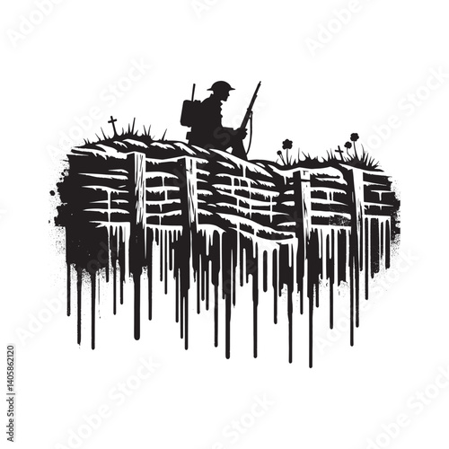 World War I Trench Warfare Silhouette with Grunge Spray Paint Effect