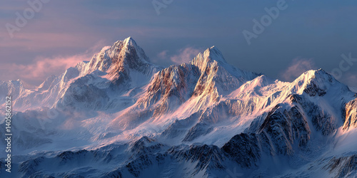 Panoramic view of snow-covered mountain range at sunset, showcasing textured peaks and valleys bathed in warm light, representing serenity and majestic natural beauty