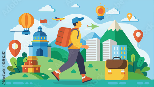Hiking traveler exploring a vibrant landscape with mountains, buildings, and hot air balloons during a pleasant day in nature
