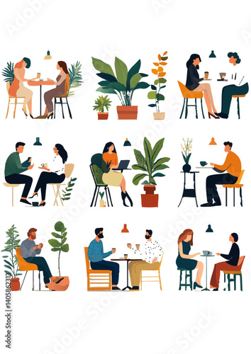 set of people enjoying free time after busy work routine vector set enjoying coffee