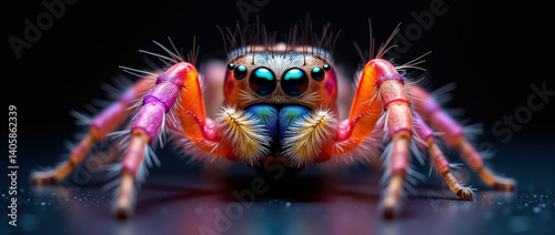 Extreme Close-Up of a Fantastical Jumping Spider Exhibiting Intense Colors and Textured Exoskeleton..