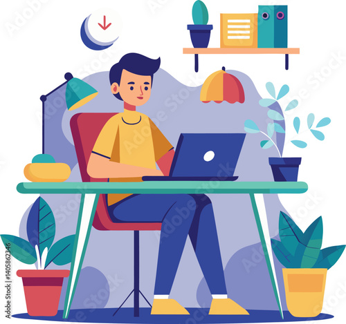 Young Man Working on Laptop in a Colorful Home Office Setting