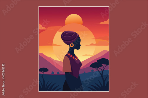 Profile of a woman against a vibrant sunset landscape featuring mountains and silhouette trees in a vector illustration style
