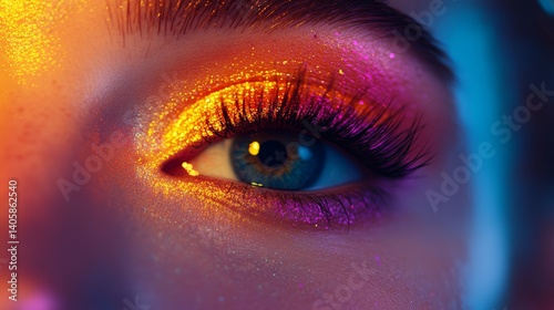 Close-up of blue eye with vibrant, glittering makeup in fiery colors