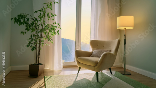 Minimalist reading nook with armchair, plant, and floor lamp near window