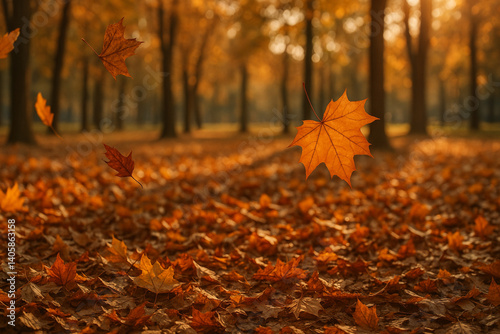 Autumn leaves falling in a Brazilian park, warm sunlight filtering through trees, earthy tones, 3840x2160 PNG, 100MP, 100MP