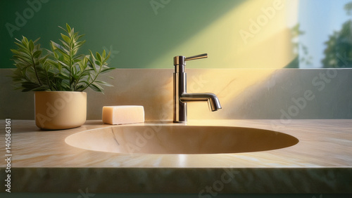 Modern bathroom sink with natural stone countertop and hand soap