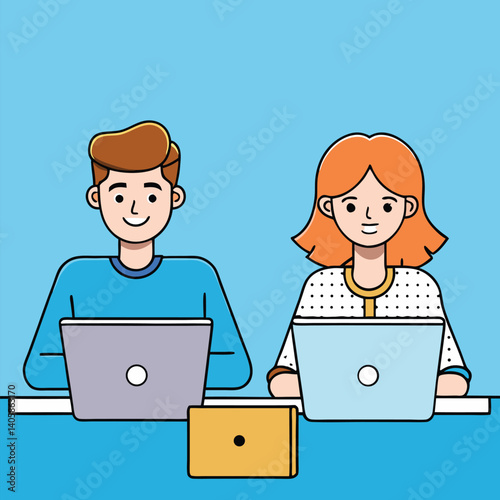 Illustration of Two People Working on Laptops in a Modern Setting