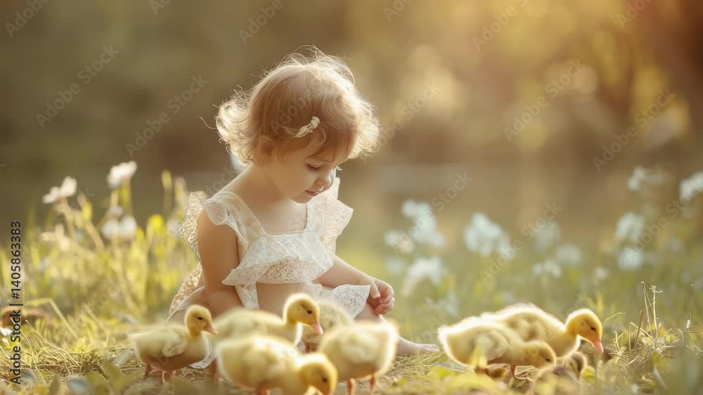 a small child on a farm with ducks. Selective focus a small child on a farm with ducks. Selective focus