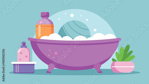 Bright vector illustration of a colorful bath setup featuring decorative balls and toiletries on a serene background