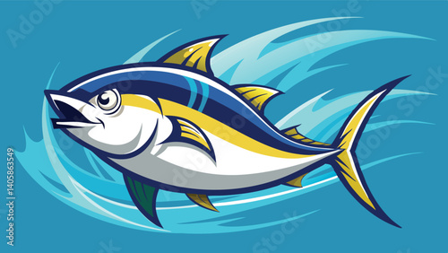 Bright blue tuna fish illustration swimming in ocean water, showcasing vibrant colors and dynamic motion in a vector-style design