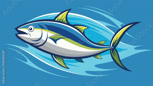 Bright blue tuna fish illustration swimming in ocean water, showcasing vibrant colors and dynamic motion in a vector-style design