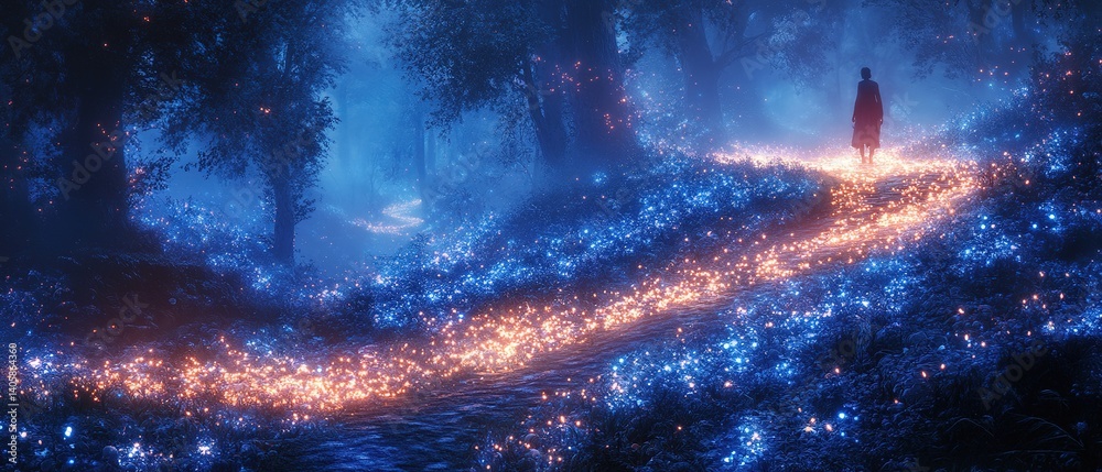 Abstract artwork shows a glowing path leading to a spire in blue. Abstract artwork shows a glowing path leading to a spire in blue.