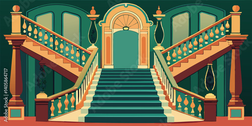 Elegant interior of a grand staircase with ornate railings and vibrant walls in a luxurious setting, inviting exploration at any time of day