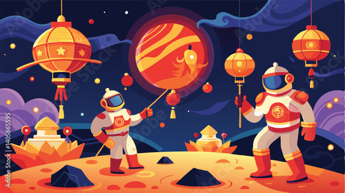 Explorers on a lunar landscape celebrate a festival while colorful lanterns illuminate the night sky in a vibrant vector illustration