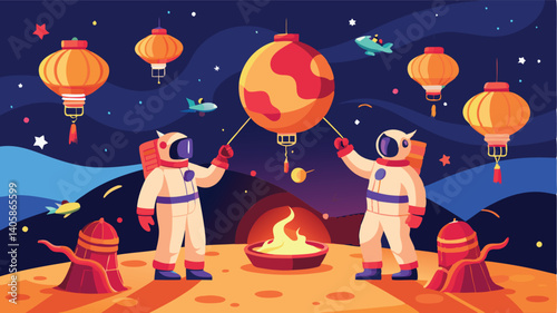 Explorers on a lunar landscape celebrate a festival while colorful lanterns illuminate the night sky in a vibrant vector illustration