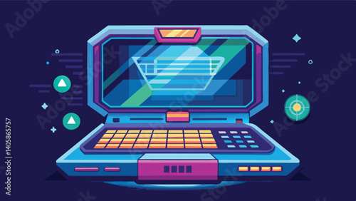 Modern vector illustration of a futuristic laptop design with vibrant colors and a sleek, open display, showcasing advanced technology and digital innovation