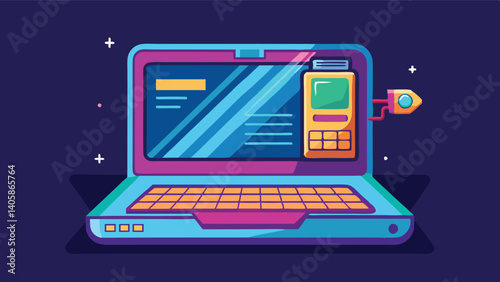 Modern vector illustration of a futuristic laptop design with vibrant colors and a sleek, open display, showcasing advanced technology and digital innovation