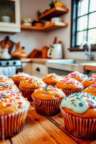 Obraz na płótnie Colorful Sprinkled Cupcakes on Wooden Kitchen Counter w salonie