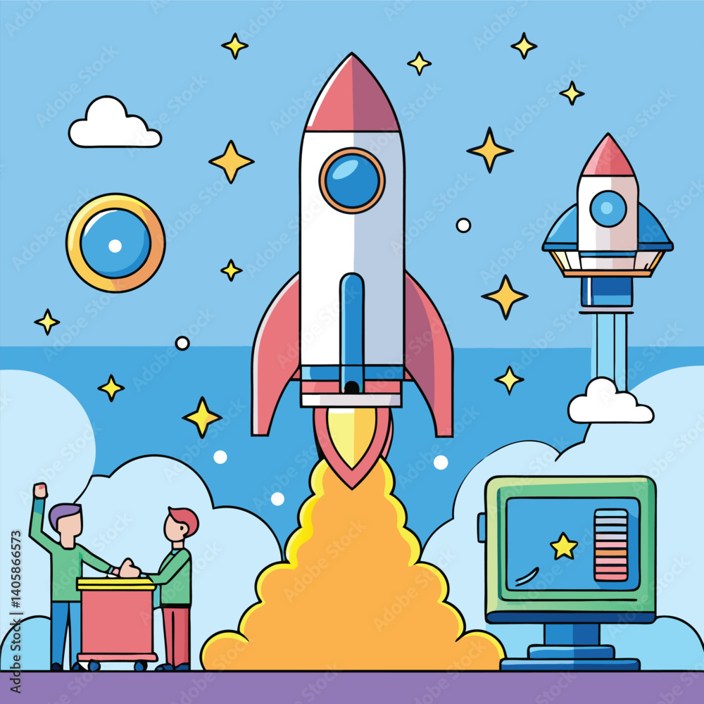 Fototapeta premium Colorful Illustration of Rocket Launch with Team Collaboration and Space Elements