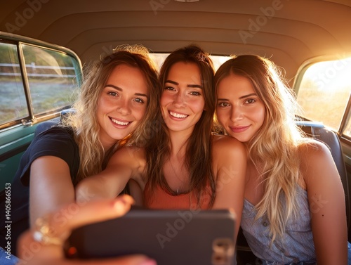 Three young women taking selfie in vintage car during road trip