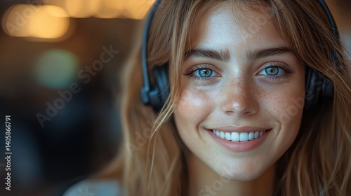 Friendly female call center operator taking notes during customer service inquiries in a busy environment