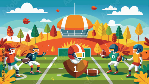 Football players participating in an autumn game on a colorful field with a stadium backdrop