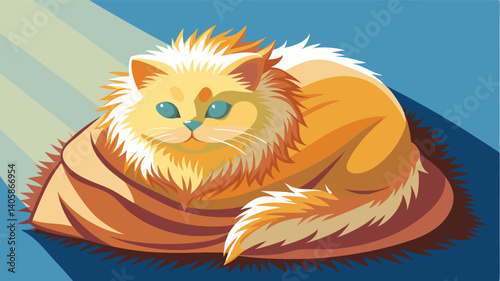 Plush orange cat resting peacefully on a cozy blanket under warm sunlight in a serene indoor setting