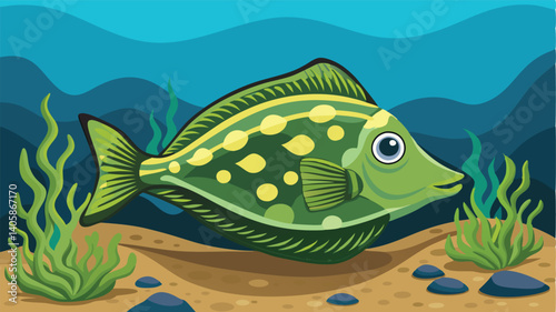 Colorful flounder swimming gracefully in a vibrant underwater environment surrounded by blue waves and aquatic plants