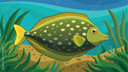 Colorful flounder swimming gracefully in a vibrant underwater environment surrounded by blue waves and aquatic plants