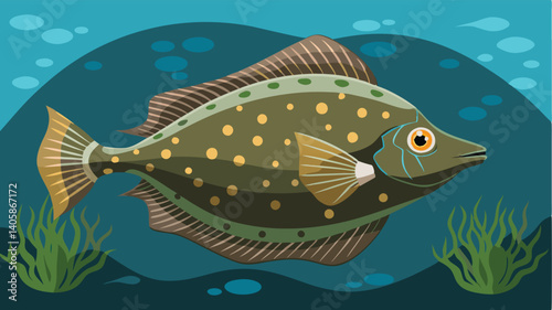 Colorful flounder swimming gracefully in a vibrant underwater environment surrounded by blue waves and aquatic plants