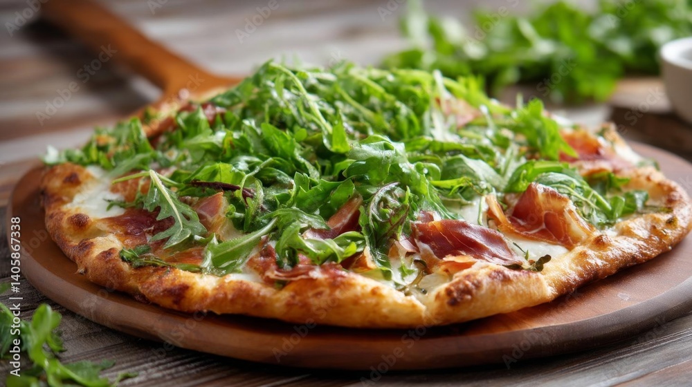Rustic Pizza Topped With Fresh Arugula and Prosciutto Served on a Wooden Platter Rustic Pizza Topped With Fresh Arugula and Prosciutto Served on a Wooden Platter