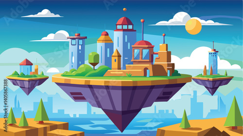 Floating island city with skyscrapers, parks, and a bright sun in a vibrant blue sky during daytime