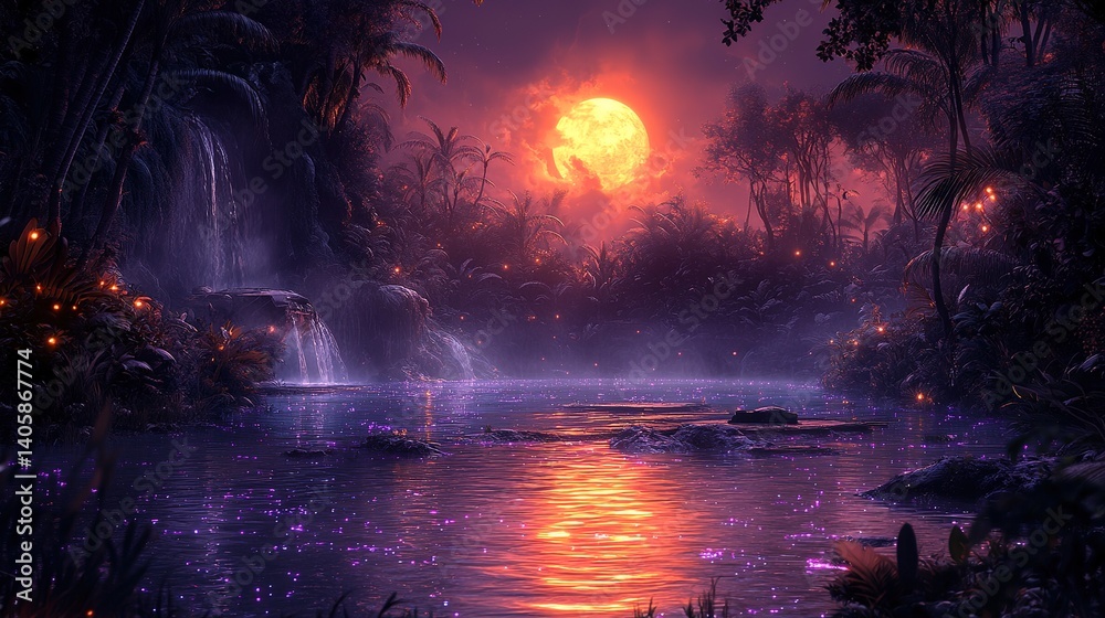 Fototapeta premium Tropical scene with water reflection trees and a bright sun or moon.