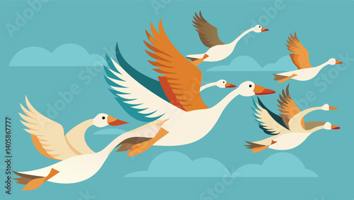 Colorful vector illustration of geese flying in a bright blue sky with fluffy clouds during the day showcasing their graceful movements and vibrant feathers