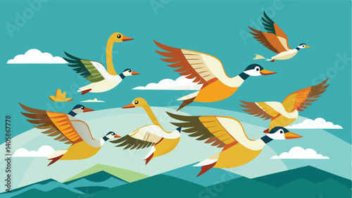 Colorful vector illustration of geese flying in a bright blue sky with fluffy clouds during the day showcasing their graceful movements and vibrant feathers
