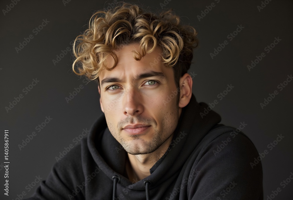 Obraz premium Contemporary Male Portrait: A compelling close-up captures the essence of a man with captivating gaze, set against a neutral backdrop. The portrait highlights his stylish, curly hair.