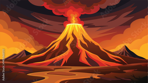 Explosive volcanic eruption at sunset with fiery lava flowing down the mountainside creating dramatic landscape