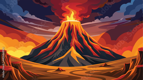 Explosive volcanic eruption at sunset with fiery lava flowing down the mountainside creating dramatic landscape
