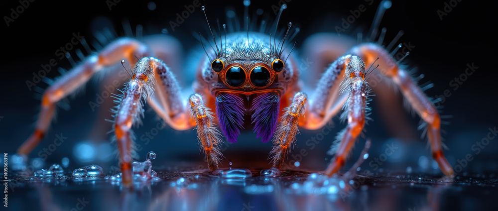 Fototapeta premium Extreme Close-Up of a Fantastical Jumping Spider Exhibiting Intense Colors and Textured Exoskeleton..