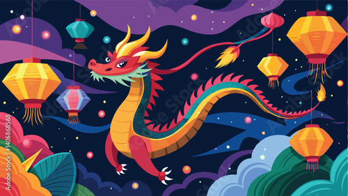 Colorful dragon soaring through a starry night sky surrounded by floating lanterns and gemstones