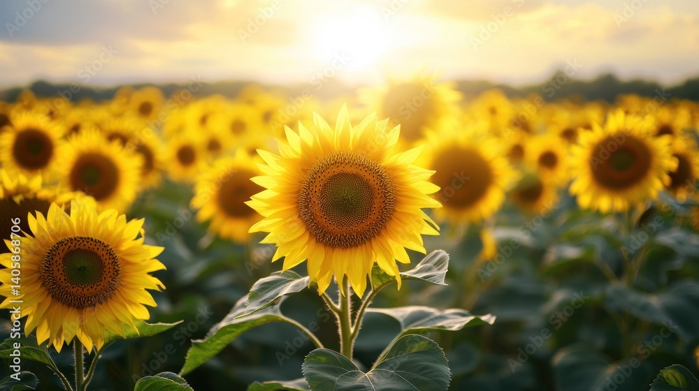 Obraz premium Golden Hour Sunflowers: A Summer Sunset Symphony