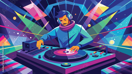 Dynamic DJ performing at a vibrant party with colorful lights and energetic atmosphere under a neon backdrop