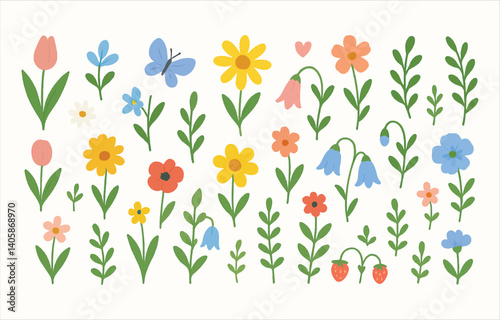 Set of spring and summer hand drawn flowers. Floral elements, wildflower, leaves and herb, plants, foliage on white background. Collection spring blossom icons. Vector flat illustration.