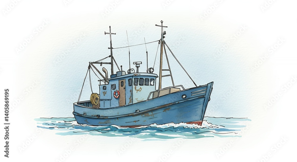 Obraz premium Fishing boat illustration illustration watercolor childlike fishing