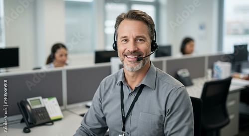 Cheerful customer service representative with headset smiles at his desk.